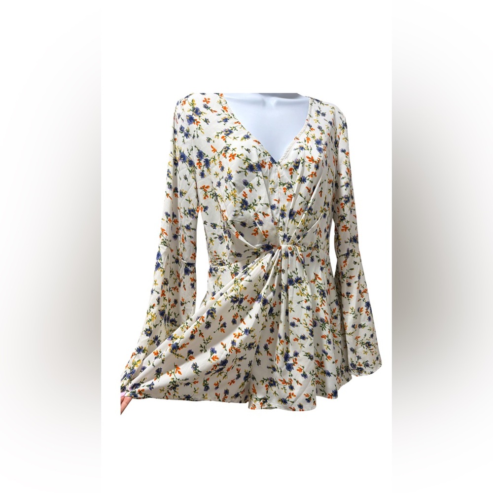 Floral Tie-Front V-Neck Jumpsuit Romper - Cream Multi